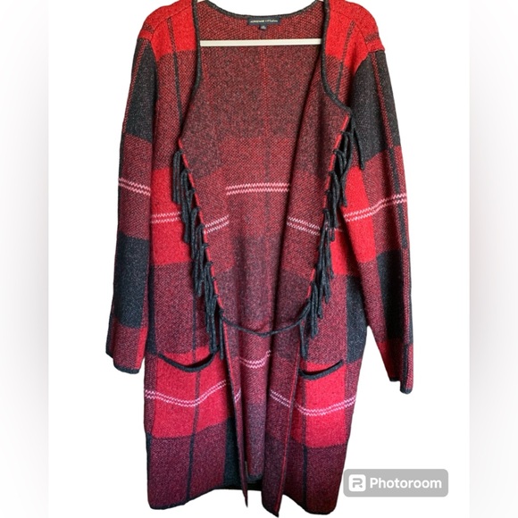 Adrienne Vittadini women’s 2x long sweater duster cardigan blackish gray plaid - Picture 5 of 16